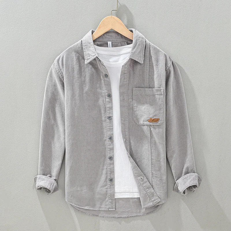 Men's Long Sleeve Corduroy Casual Shirt Autumn Spring Square Collar Workwear Jacket Standard Fit Iron Free Pure Color