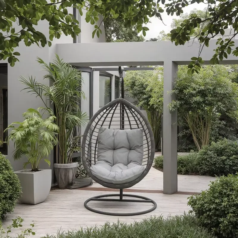 Custom Colored Wicker Rattan Egg Swing Chair Indoor Outdoor Hanging Chair with Metal Stand for Garden Patio Home Decor