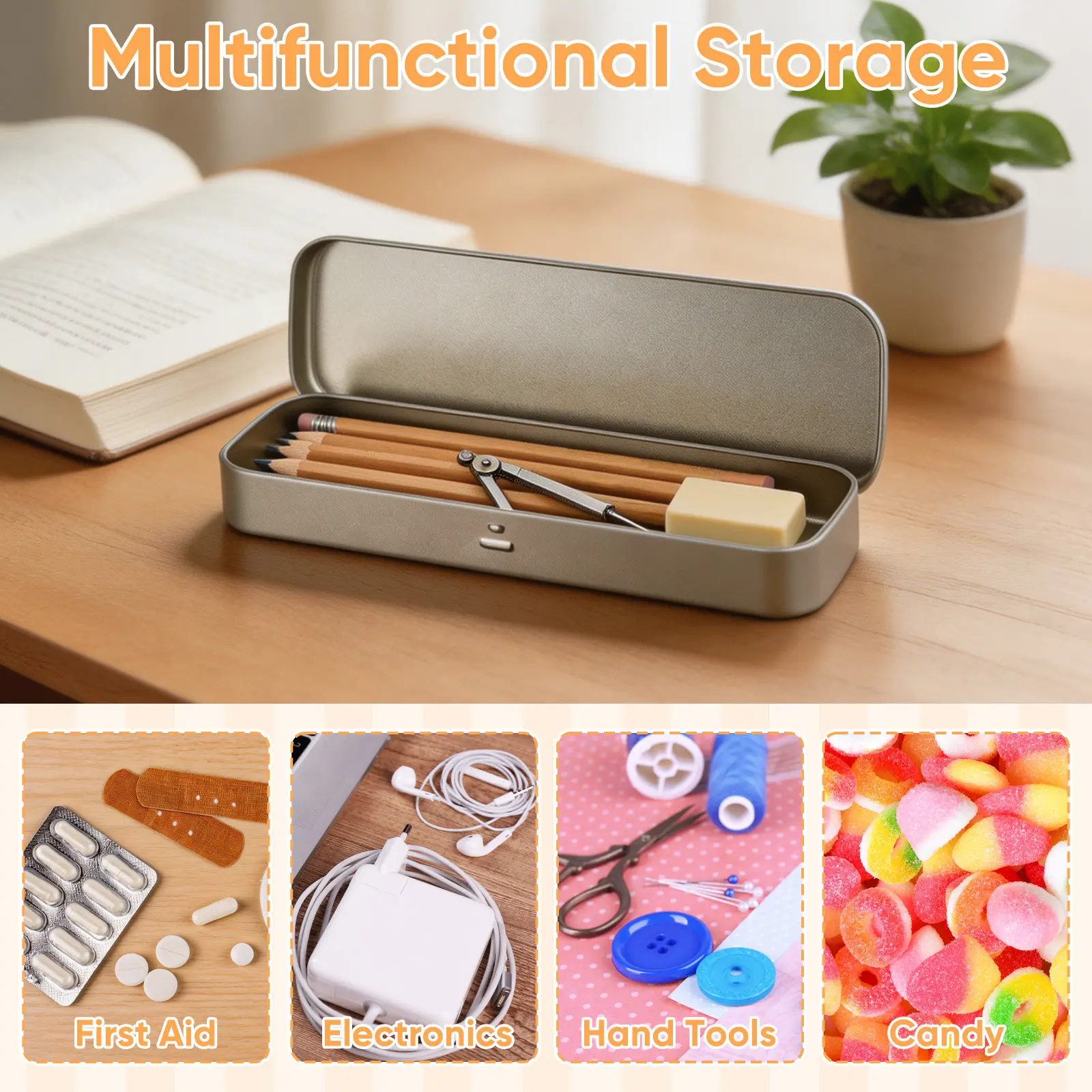 5Pcs Premium Iron Pencil Case Rectangular Tin Metal Box with Lid for Students School Stationery Storage Pencil Container
