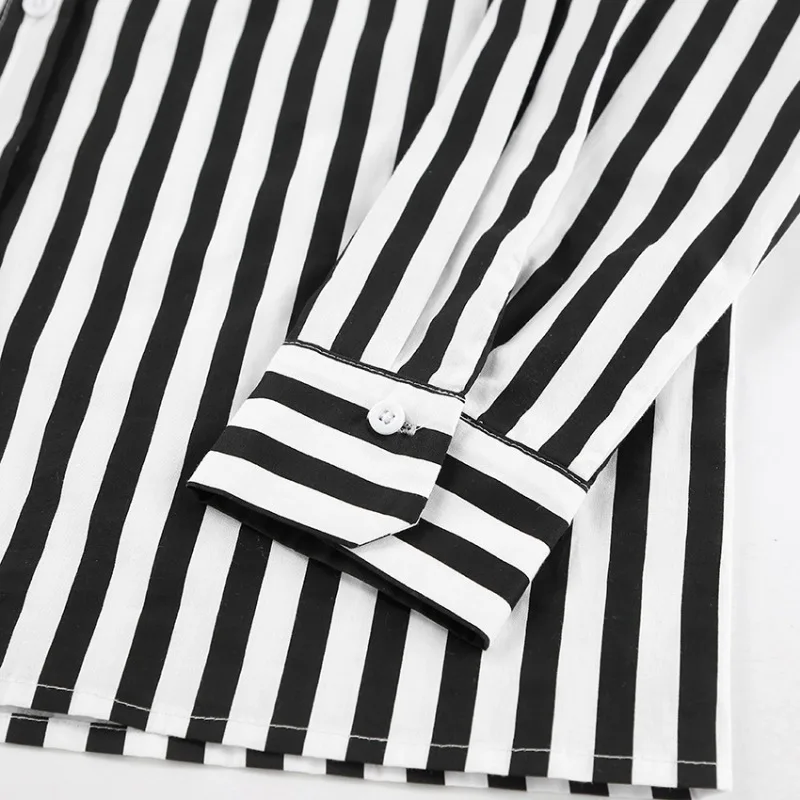 Street Fashion Loose Black & White Striped Long Sleeve Blouses New Temperament Commuting Women's Cotton Casual Clothing Shirt