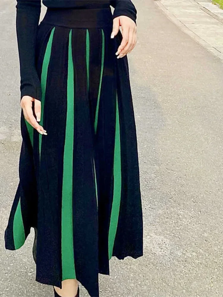 여성 니트 플리츠 스커트 패션 하이 웨스트 우아한 올 매치 캐주얼 a 라인 컬러 블로킹 스커트 봄 가을 새로운