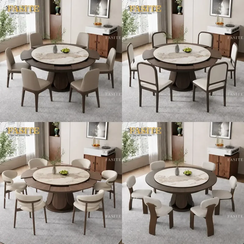 For Round Dining Table Rotating Retractable Solid Wood Antique Rock Slab Medium Size Household Furniture Space Saving Modern