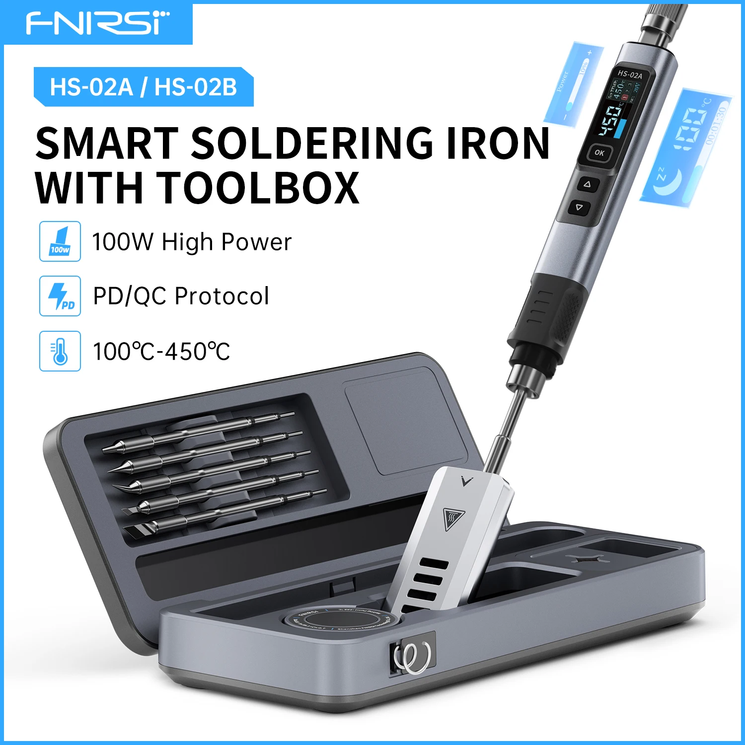 FNIRSI HS-02 Protable Heat Toolbox Kit 100W Power Adjustable Temperature Quick Heating Repair Equipment 100-450℃ for DIY Repair