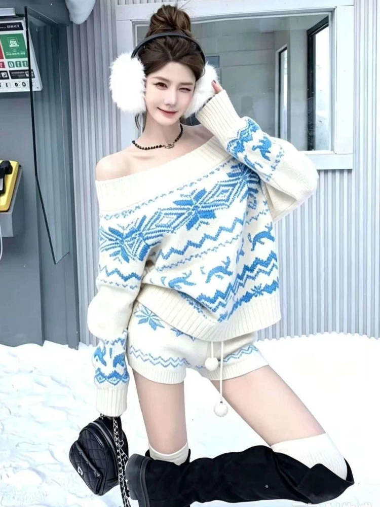 Vintage Y2K Fair Isle Sexy Off Shoulder Ribbed Trim Cropped Knit Top And Shorts Women Slim Fit Casual Daily Outfit Two Piece Set