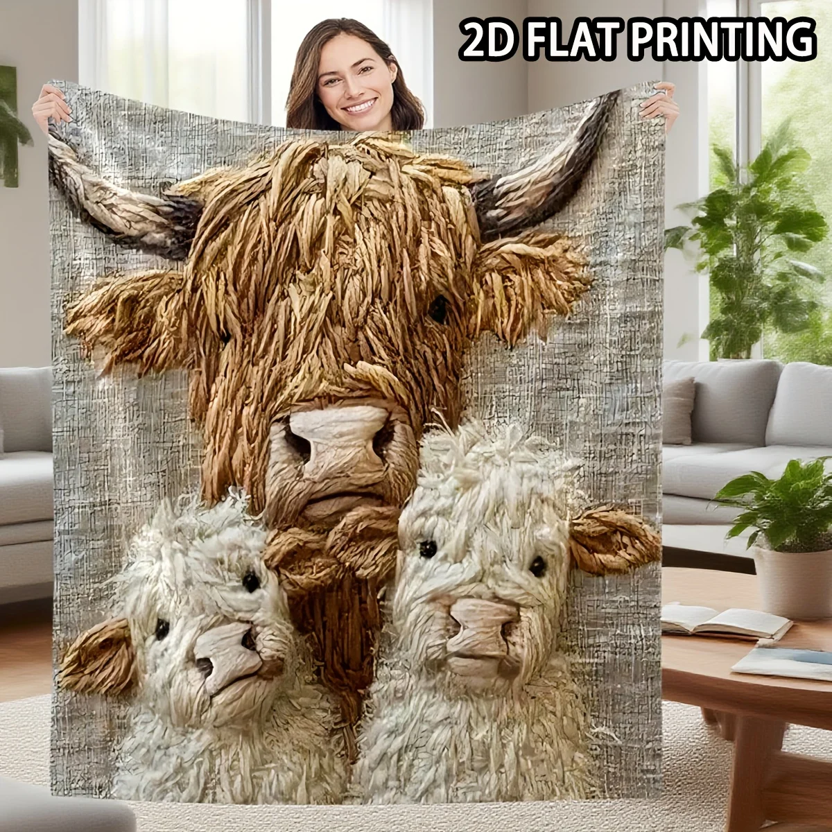 Adorable Highland Cow Family Print Throw Blanket Super Soft Cozy Fleece Throw for Sofa Bedroom Decor Gift Rustic Farmhouse