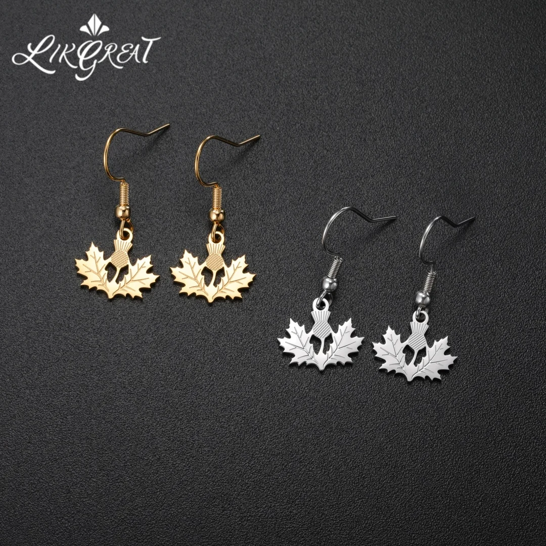 Scottish Thistle Maple Leaf Drop Earrings Hypoallergenic Stainless Steel Fish Hook Earrings Travel Souvenir Themed Jewelry Gift