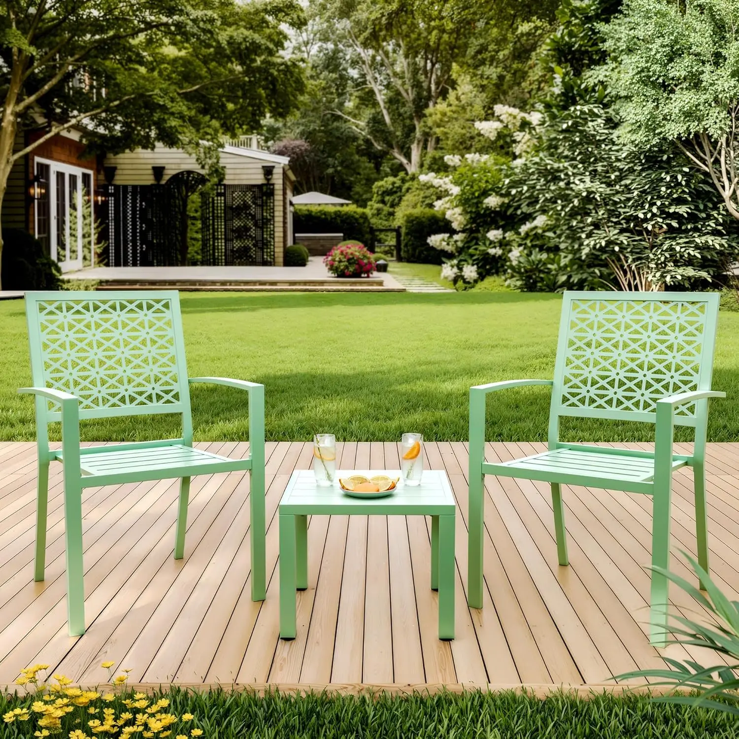 

Green 3-Piece Iron Patio Bistro Set, Stackable Outdoor Dining Table & Chairs Set, Ideal for Balcony, Porch, Backyard