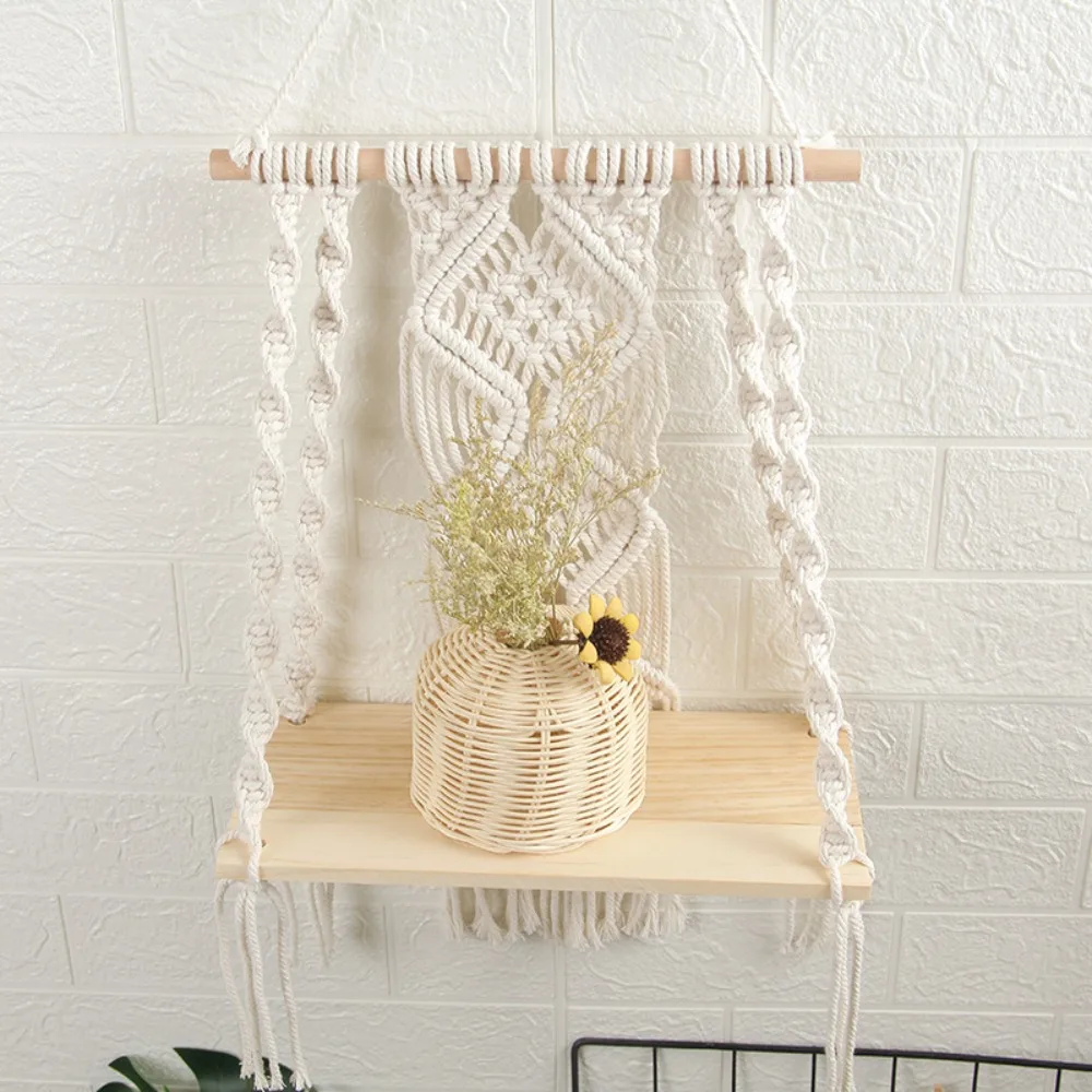 Bohemian Wooden Floating Storage Holder Handwoven Cotton Swing Display Shelf Vintage Hanging Wall Hanging Shelf Garden