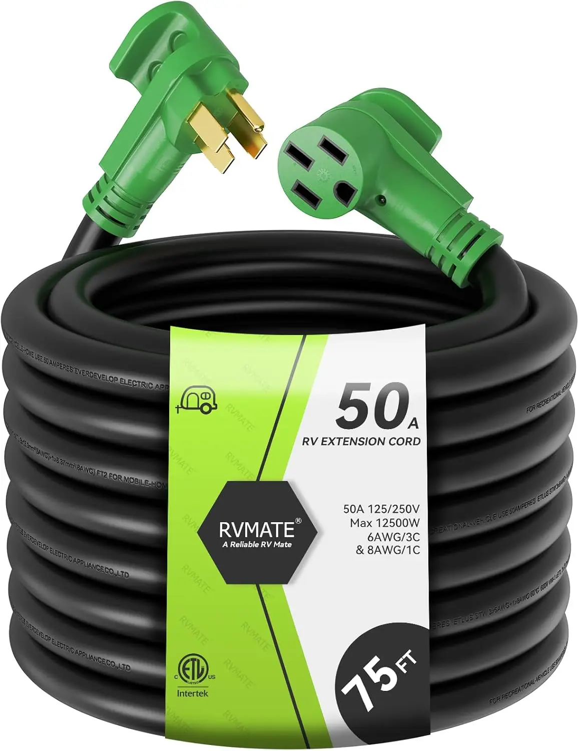 

RVMATE 50 Amp 75 Feet RV/EV Extension Cord, Easy Plug in Handle, 14-50P to 14-50R with LED Indicator, ETL Listed