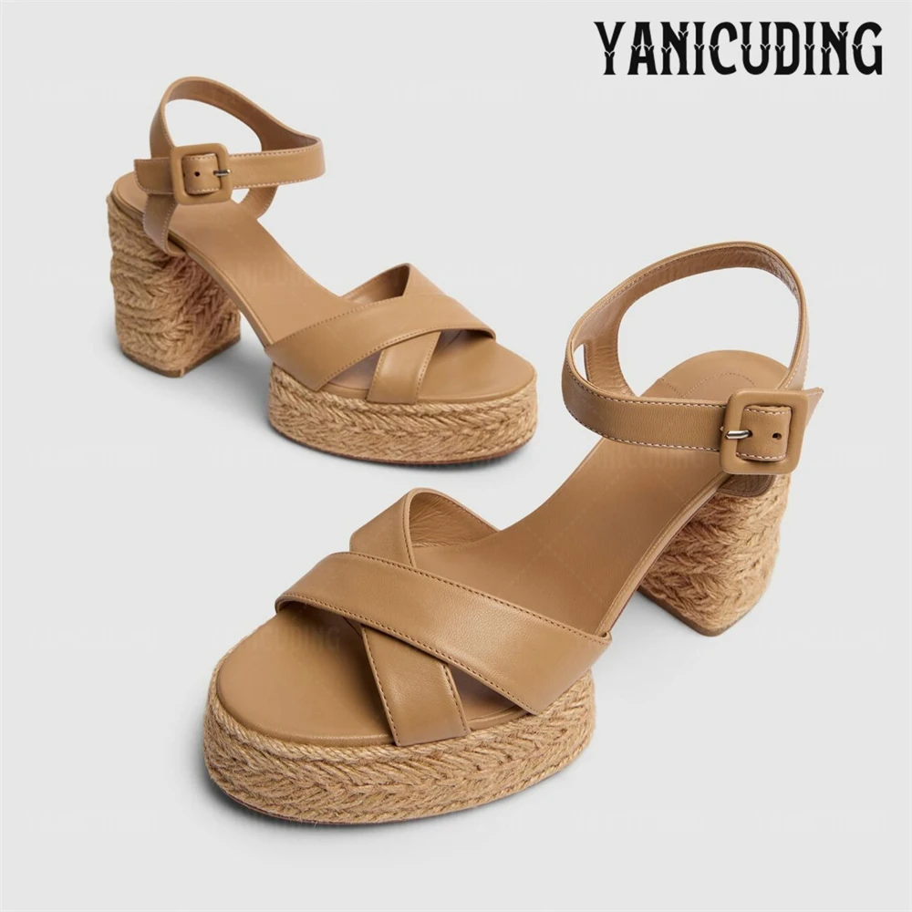 

Braided Jute Platform Espadrilles Ankle Buckle Leather Sandals Block Heels Almond Open Toe Cross Straps Summer High Heels Women