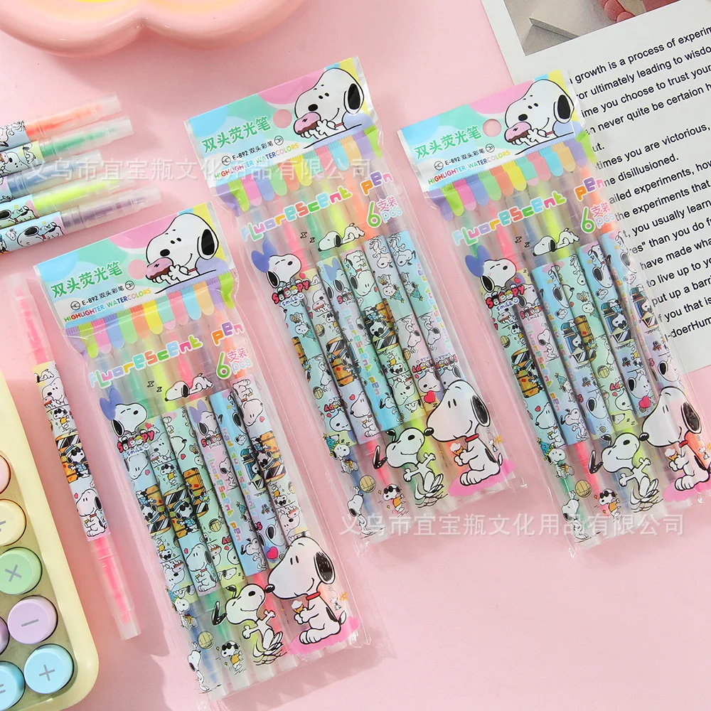 Snoopy dual head highlighter pen, 6 bagged strokes, key marker pen, painting pen, 6 color pens, slanted head