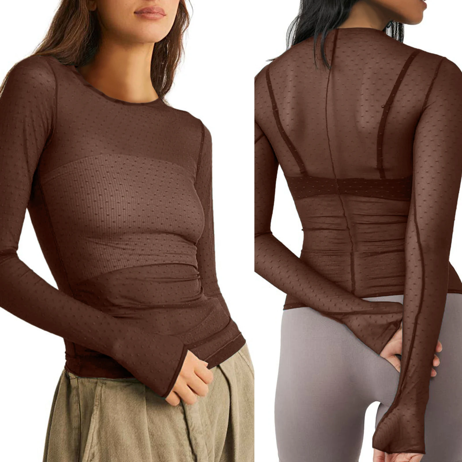 Women Long Sleeve T-shirt Casual Crew Neck Dots See-through Slim Fit Sheer Tops Baby Tees Y2k Club Streetwear