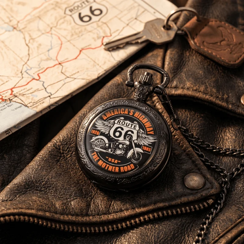 

Retro Route 66 The Mother Road Motorcycle Pattern Pocket Watch Design, Vintage Quartz Pendant Fob Watch, Gift For Men And Kids