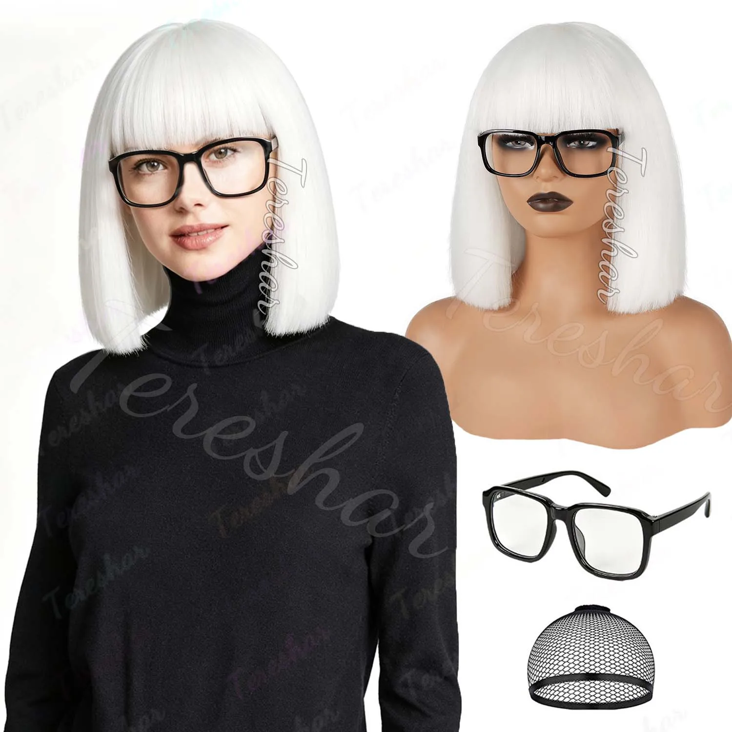 Synthetic White Bob Wig with Bangs for Women Men,Gabologian Yaki Bob Wig+Glasses Frame,Lady Gaga Wig for Halloween Cosplay Party