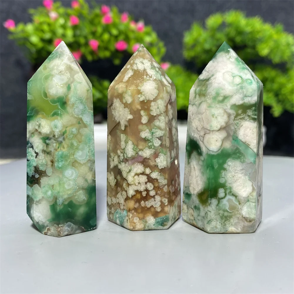 Natural Green Cherry Blossom Agates Obelisk Wand, Hexagonal Raw Mineral Quartz Tower, Reiki Healing Stone, Home Decoration Gift