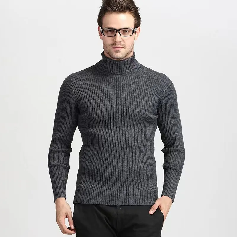 2026 Men's High-Neck Pullover Sweater Autumn Casual Elastic Solid Color Vertical Stripe Knitted Comfortable Basic Sweaters