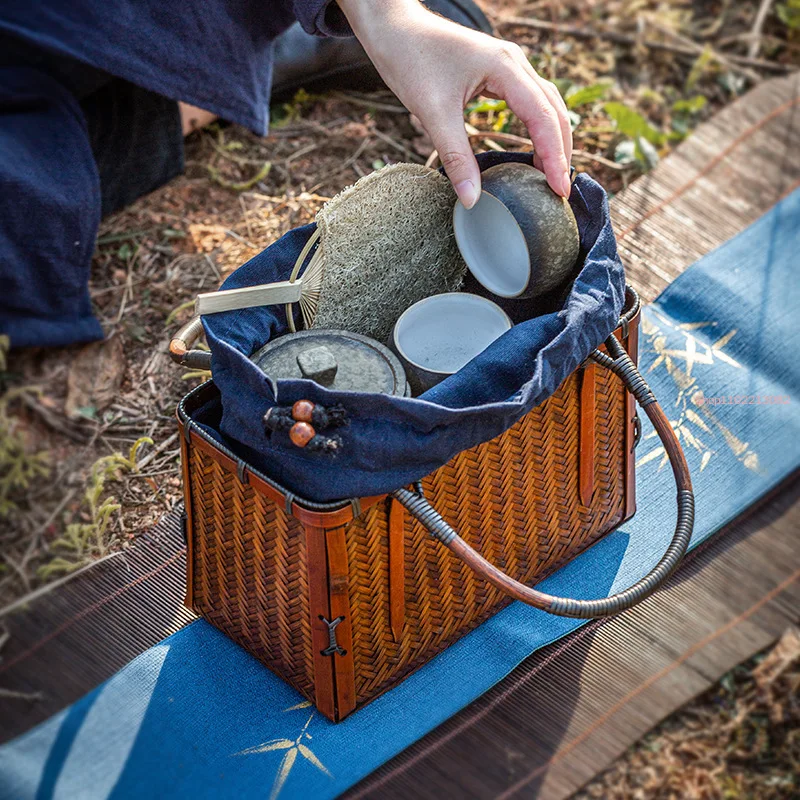 Chinese Style Teacup Japanese-style Bamboo Woven Storage Bags Handmade Retro Basket Teapot Travel Outdoor Tea Cozies