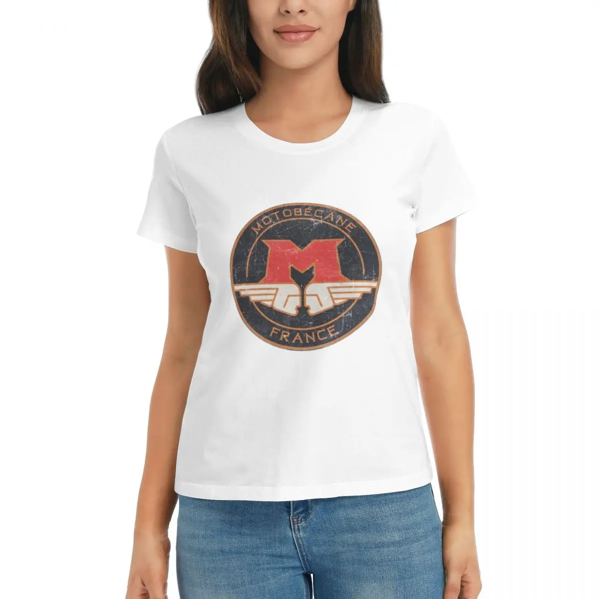 Camiseta feminina motobecane retro emblema verão manga curta camisetas o pescoço algodão t camisas roupas topos streetwear