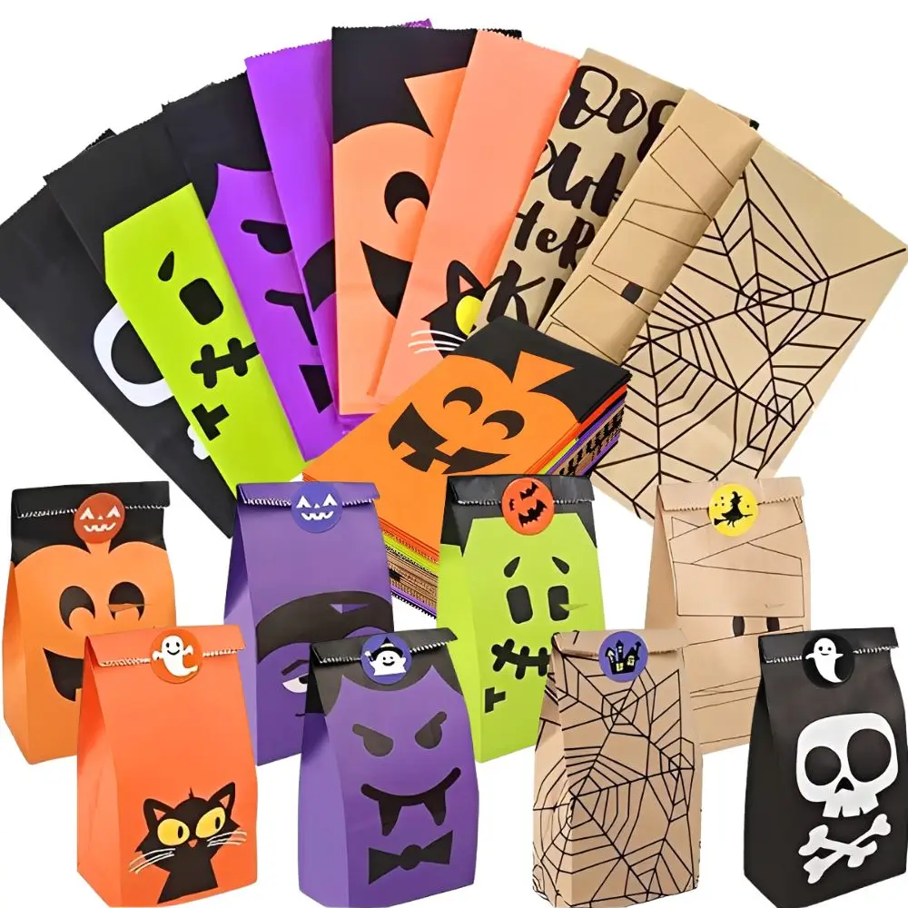 8/16/24 Stück Halloween-Kraftpapiertüten mit zufälligem Muster, Monster-Kürbis-Spinnennetz-Druck, Party-Geschenktüten YMY – Detail 1