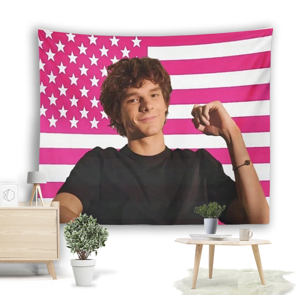 Curly Hair Guy Pink American Flag Tapestry Young Man Portrait Wall Hanging Decor