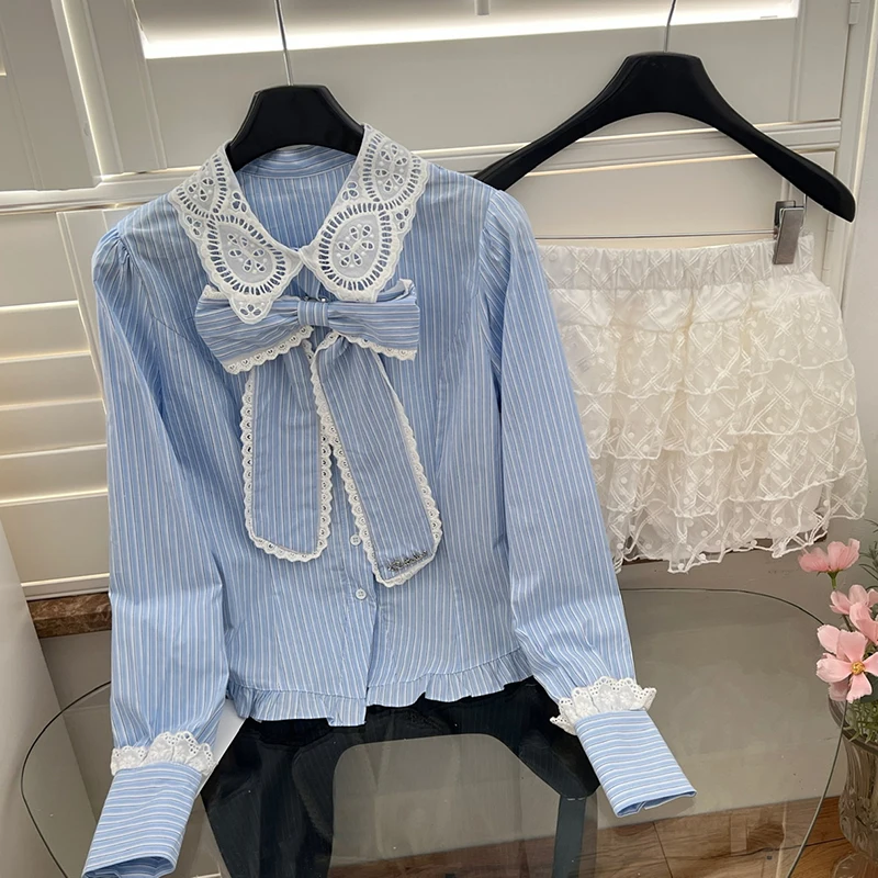 

Two Piece Blouse Skirts Sets Women New Lace Patchwork Blue Long Sleeve Striped Shirts Office Ladies Elastic Waist Mesh Skirts