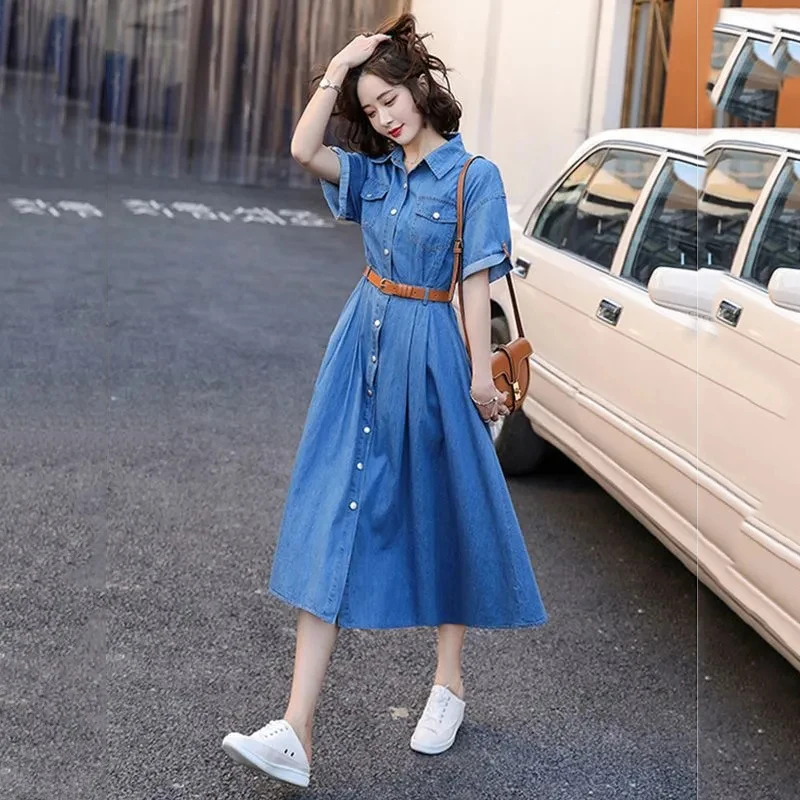 

Retro Ice Silk Imitation Denim Dress For Women's Summer 2023 New Korean Slim Long Dresses Y2k Single-Breasted Denim Dress Female