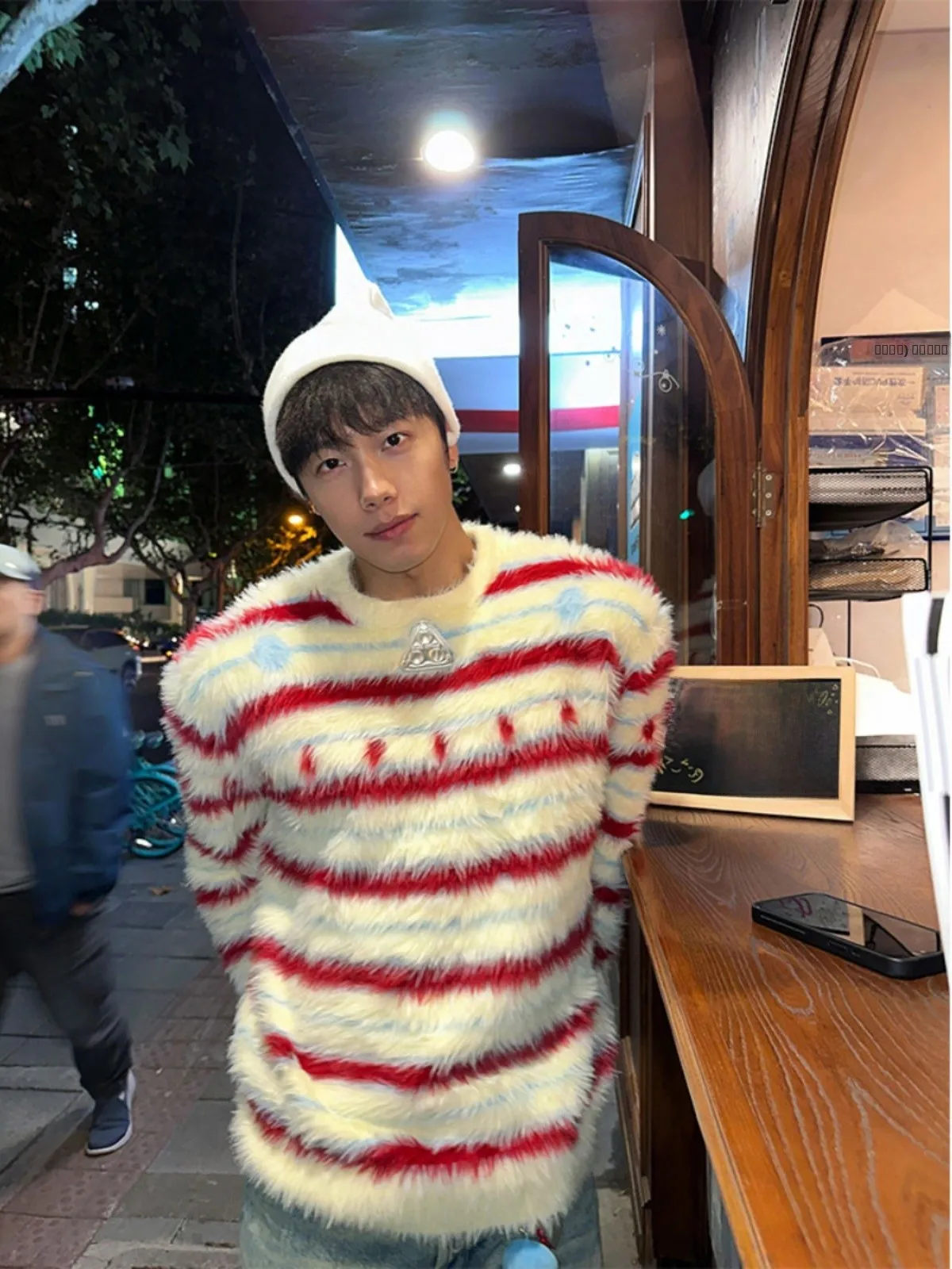 

Red Striped Plu round Ne Sweater ex Winter New Year Loose Casual Versatile Couple Knitted Wear for Young People