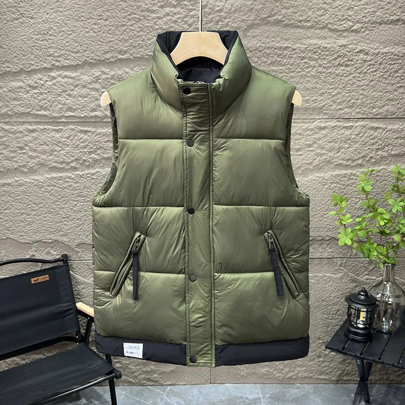 Men Winter Fashion Down Cotton Vest Stand Collar Warm Thick Sleeveless Jacket New