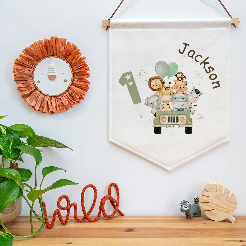 

Personalised Safari Animal Jungle Name Linen Style Hanging Flag Pennant Sign Gift Baby Kids Room Banner Decor Infant Shower Gift