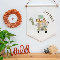 Personalised Safari Animal Jungle Name Linen Style Hanging Flag Pennant Sign Gift Baby Kids Room Banner Decor Infant Shower Gift