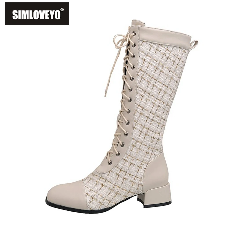 SIMLOVEYO Autumn Knee-high boots Lace-up Round toe Chunky heel Big size 34-48 Black Apricot Party Date B2102