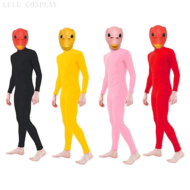 

Zentai Jumpsuits With Funny Fish Mask Women Men Green Yellow Red Pink Unitard Stage Tights Invisible Dress Up Performance Wear
