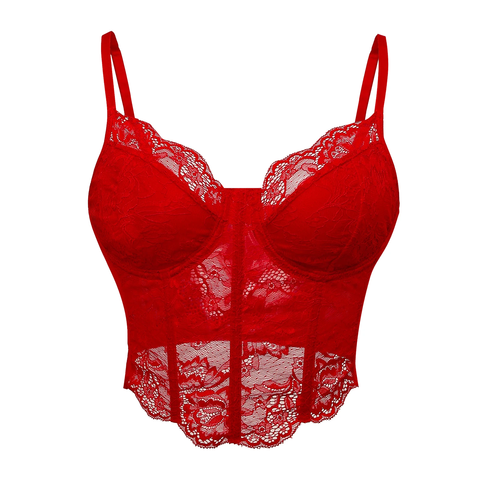 

Women Floral Lace See Through Corset Nightclub Clubwear Bustier Vest Spaghetti Straps Underwire Push Up Cropped Camisole