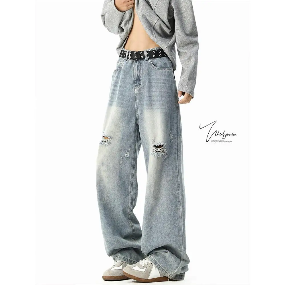 

Cool Men's High Street Torn Denim Jeans Summer Fashion Brand Loose Straight Leg Pants Weathered Look Low Waist Cotton 100%