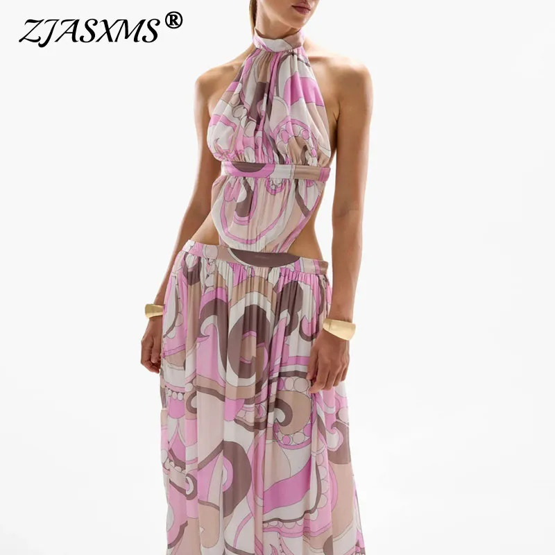 Summer Long One-piece Dress Gown Pattern Print Halter Elegant Party Dresses 2025 Sexy Backless Spliced Hollow Pleated Boho Dress