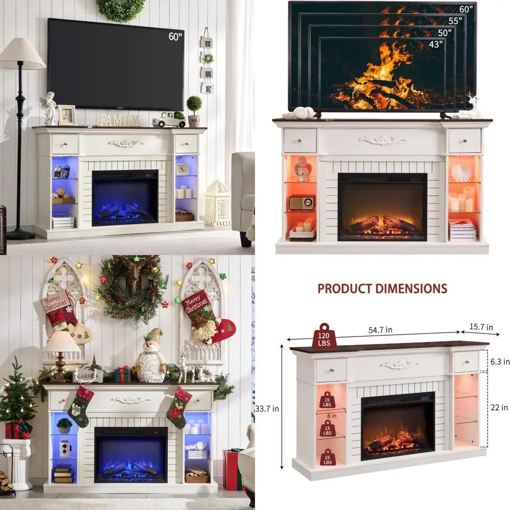 

60 LED Electric Fireplace TV Stand, 33 Tall Entertainment Center with 7 Color Options, Adjustable Shelves & Drawers
