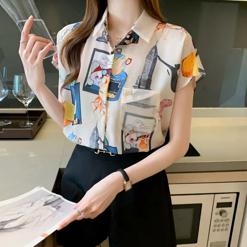 3XL Women Summer Spring Blouses Shirts Lady Fashion Casual Short Sleeve Turn-down Collar Flower Printing Blusas Tops G2541