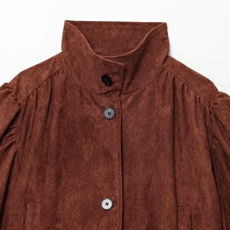 

Женская уличная мода: плиссированное пальто из замши с воротником-стойкой, осень-зима 2026, новинка, американский стиль