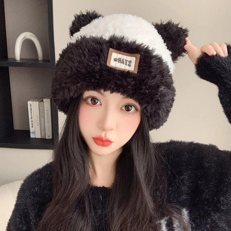 Cute Cat Ears Soft peluche lavorato a maglia cappelli freddi per le donne autunno e inverno Outdoor Fashion Warm Versatile Pullover berretti