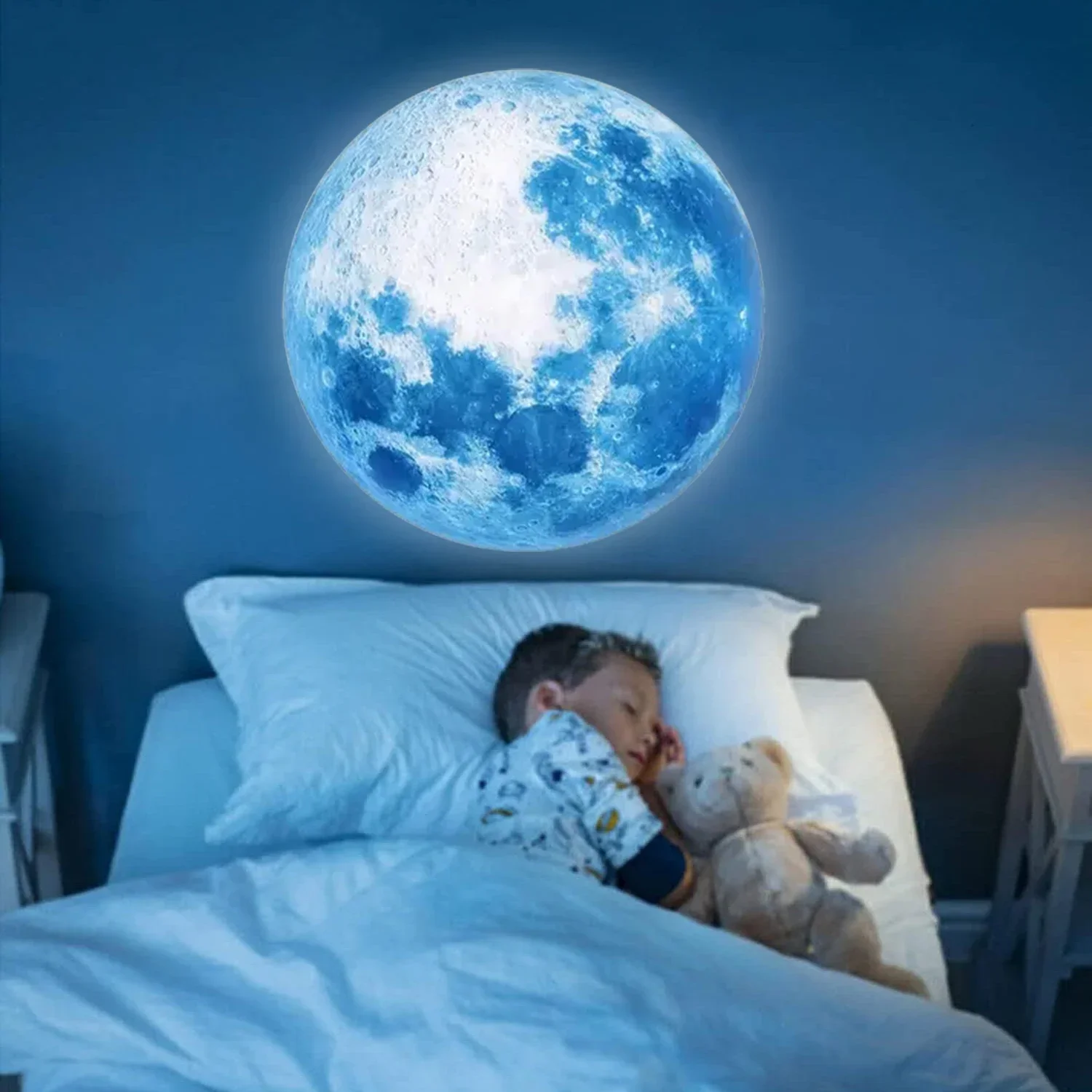 Rotating Rechargeable Moon Star Projector Lamp, Blue Planet LED Night Light, Romantic Bedroom Decor Gift for Kids and Lovers