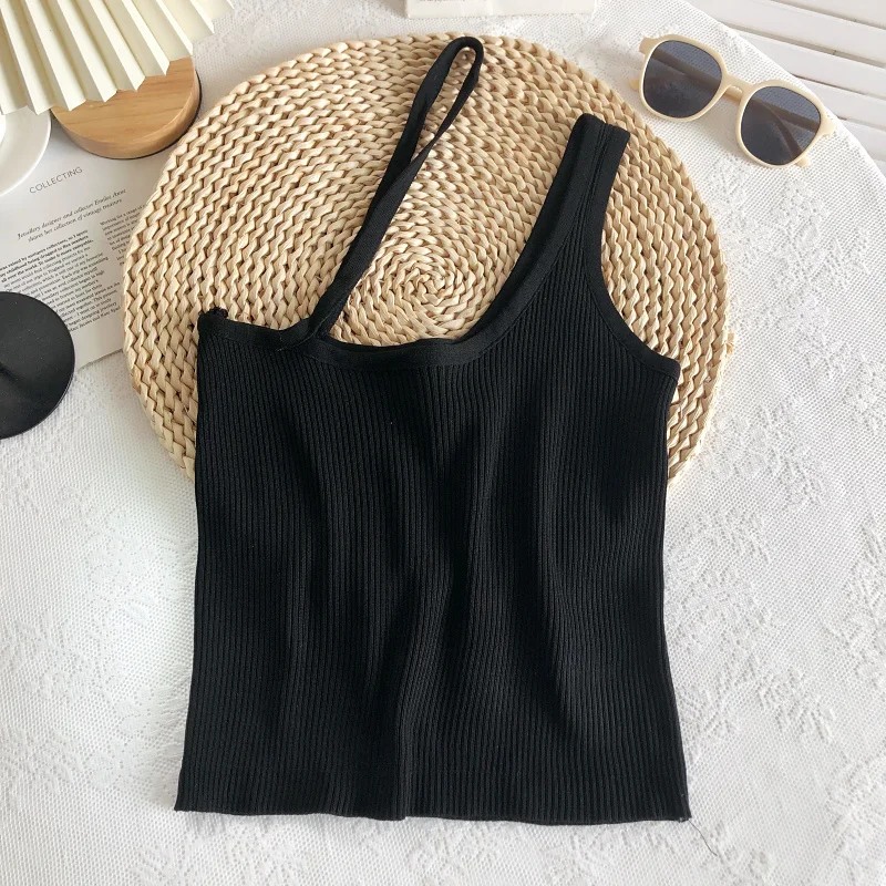 Pearl Diary Irregular Sling Vest Crop Top  Thin Oblique Shvoulder Top Women Solid Color Knitted Tank Crop Top