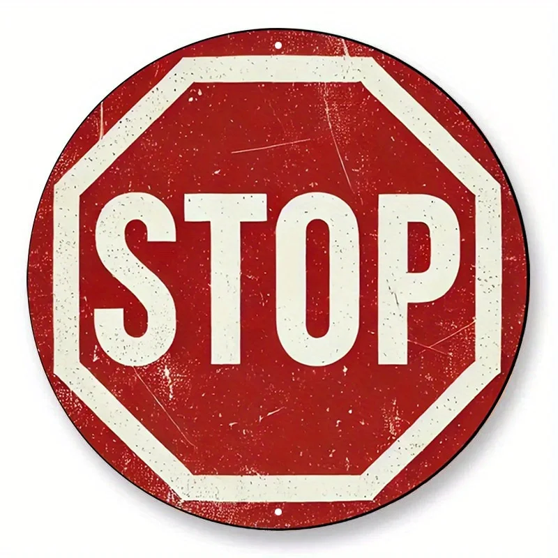 2D Vintage Stop Sign Wooden Plaque, Rustic Distressed Aesthetic Wall Art, Retro Grunge Home Garden Decor, Shabby Chic Round Sign