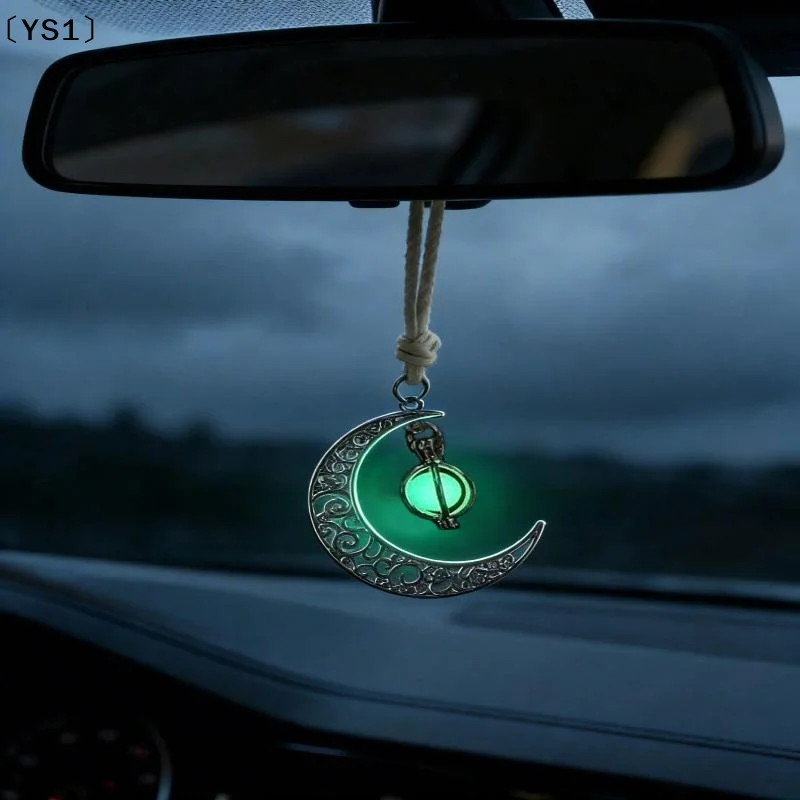 〔YS1〕Moon Pendant Car Hanging Ornament – Hollow Crescent Design, Inlaid With Luminous Stone, Elegant Rearview Mirror Decor