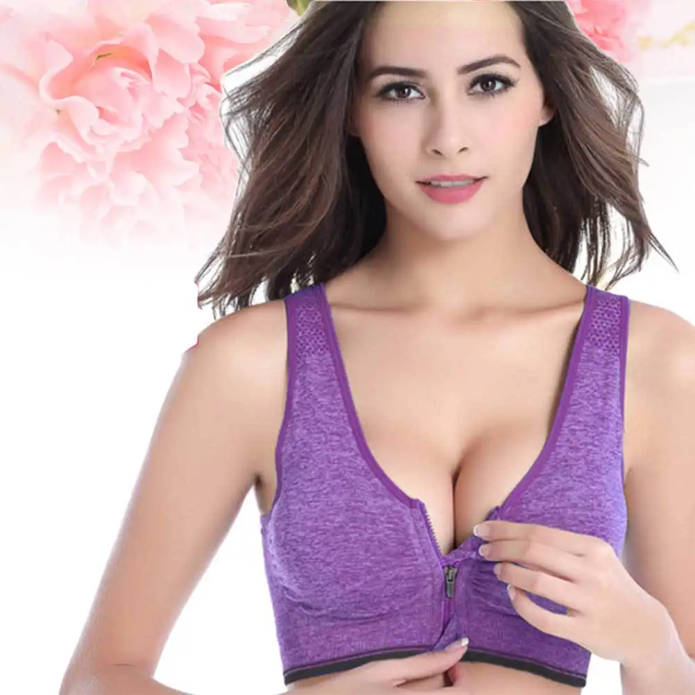 

Women'S Front Zipper Sports Padded Push Up Wirefree Crop Gym Fitness Running Bra Size Xl Purple Comfortable Breathable