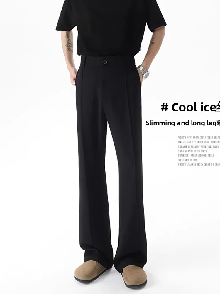 

White Ice Silk Men's Summer Thin CleanFit Drapey Knife Pants High-End Casual Long Trousers Straight Leg Zipper mid Waist