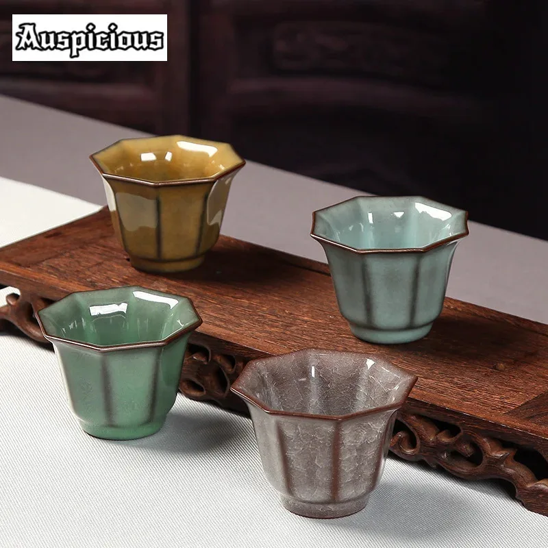 80ml Longquan Celadon Teacup Handicrafts Ge Kiln Ice Cracked Petal Cup Raw Ore Iron Body Glaze Master Cup Mugs Kung Fu Teaset