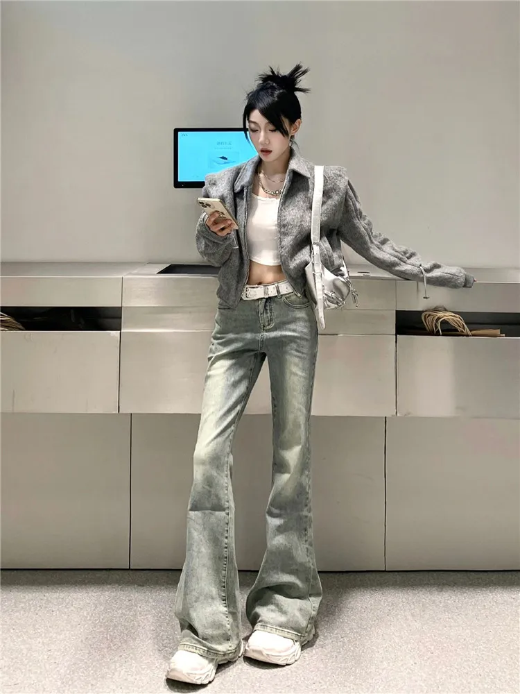 American Retro High Street Faded Mud Dye Micro Flared Jeans Women's High Waist Slimming Tall Extended  Hoof Pants