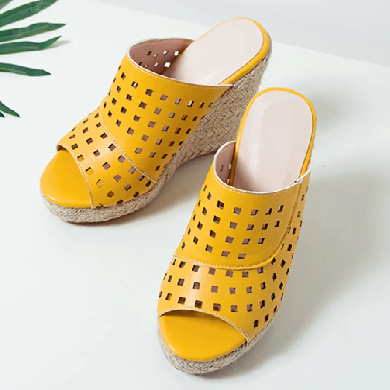 Cut-outs Platform Women\'s Slippers Wedge Heels Mules Shoes Summer Sandals For Women Open Toe Knitted Wedge Shoes Large Size 45