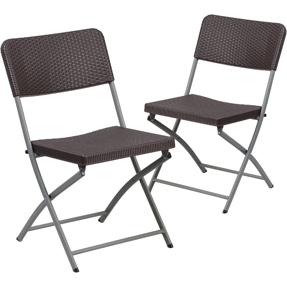 2 Pack Brown Rattan Plastic Folding Chairs with Gray Frame