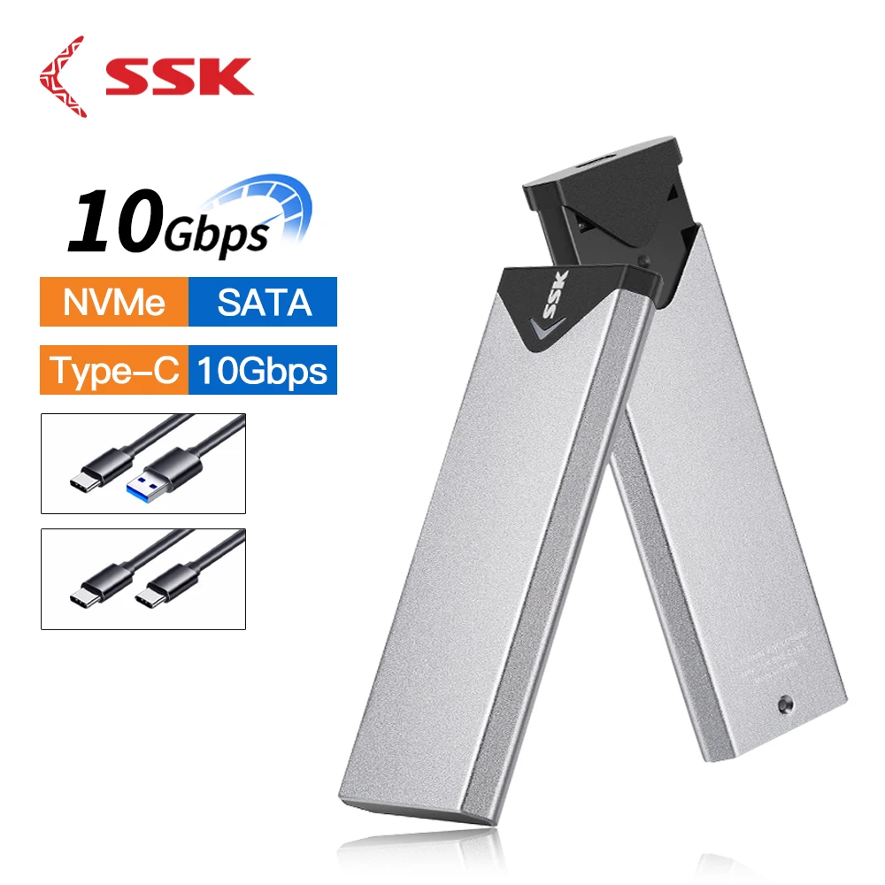 SSK M.2 NVME SATA SSD Enclosure Adapter USB 3.2 10Gbps Aluminum Enclosure External Hard Drive Case Support UASP Trim for PC Case